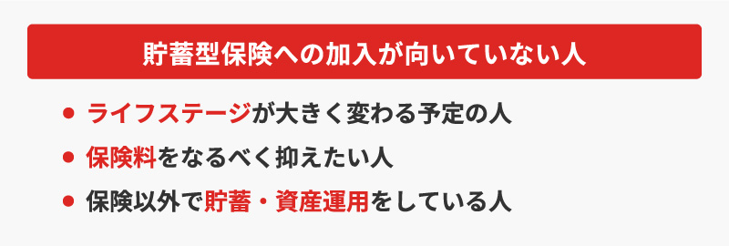 <貯蓄型保険への加入が向いていない人>・ライフステージが大きく変わる予定の人・保険料をなるべく抑えたい人・保険以外で貯蓄・資産運用をしている人